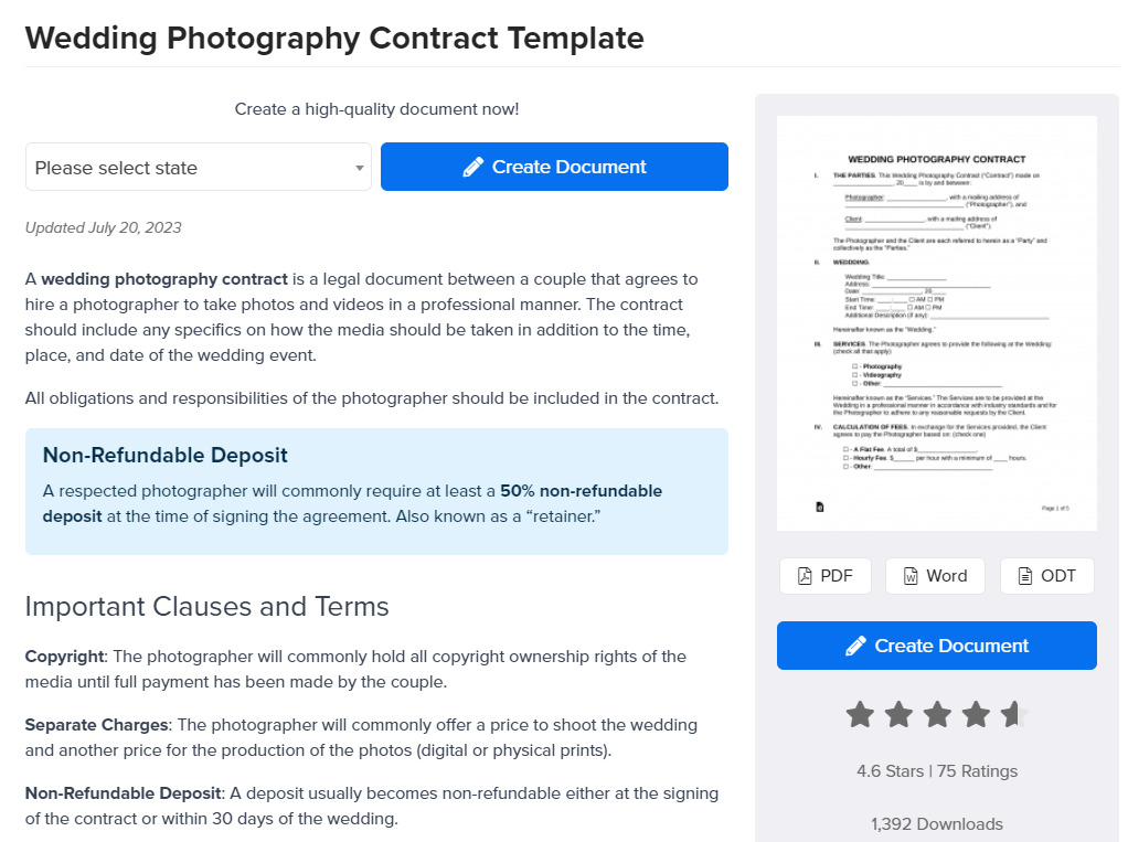 wedding photography contract template example
