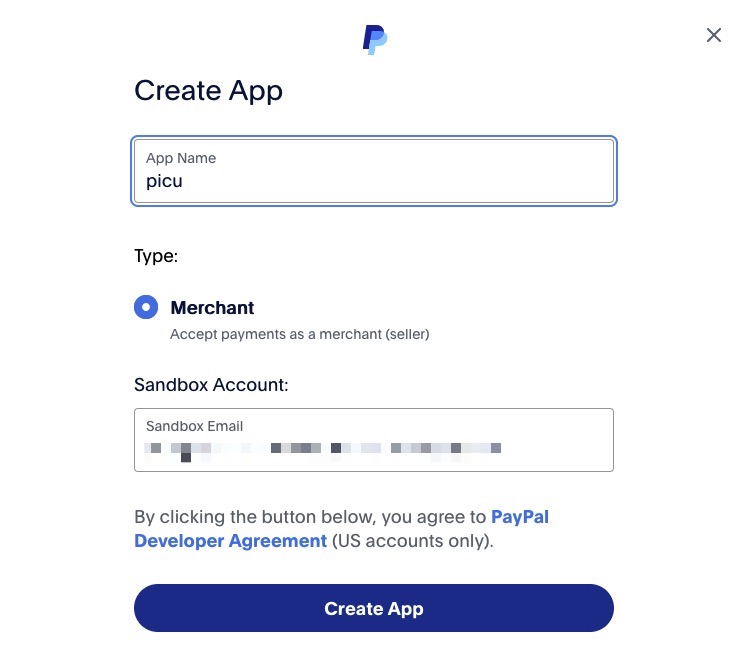 Screenshot of the "Create App" form, with a field for the "App Name", "Type" (which is preselected to "Merchant" and a field for the "Sandbox Email"