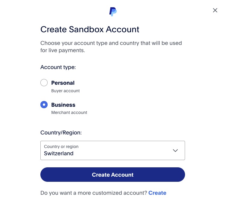 Screenshot of the "Create Sandbox Account" from with radio buttons for the "Account Type" (Personal or Business) and a dropdown for "Country/Region"