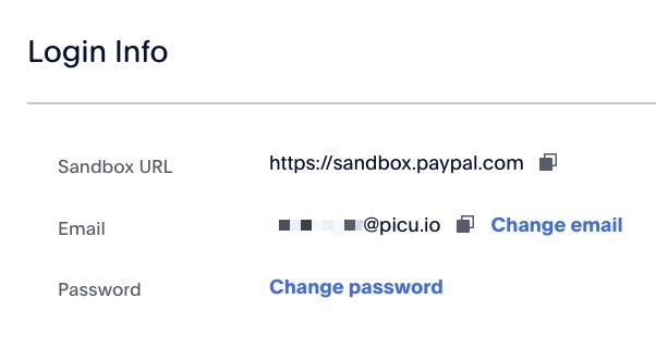 Screenshot of a sandbox account login info, with the email address and tow links to change the email address and the password