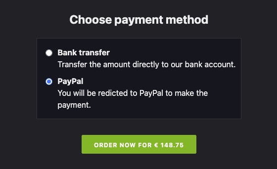 Screenshot of the payment method selector during checkout; Two options are visible: "Bank transfer" and "PayPal" (which is checked)