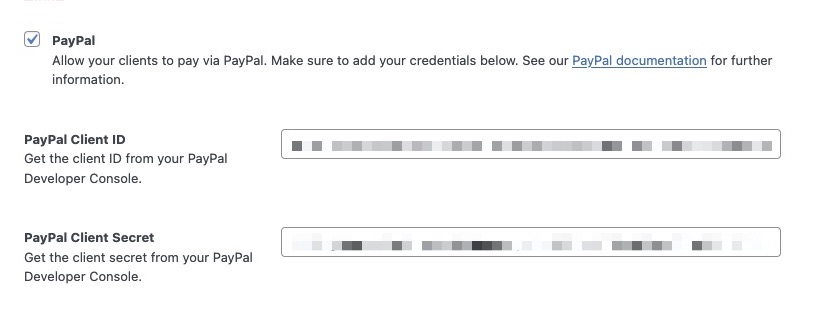Screenshot of the picu PayPal options, with a checkbox to enable PayPal and two text fields for the "Client ID" and the "Client Secret"