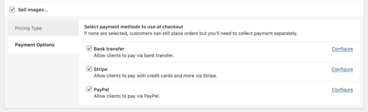 Screenshot of picu's payment options for a collection: There are checkboxes for Bank transfer, Stripe and PayPal