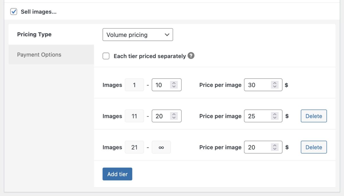 Screenshot of the Pricing Type option. Volume pricing is selected, with three teaser setup: Tier 1 from 1 to 10 images for 30 $ per image, tier 2 from 11 to 20 images for 25 $ per image and tier 3 from 21 to infinity, the image price is 20 $
