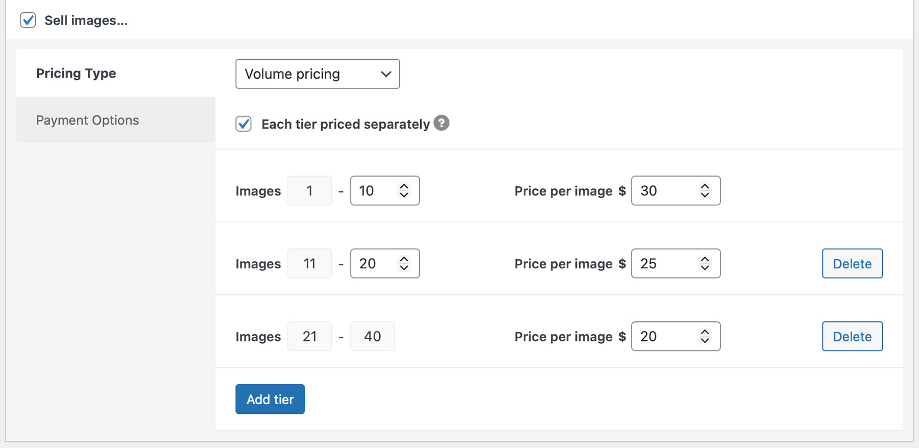 Screenshot of Volume Pricing settings in picu