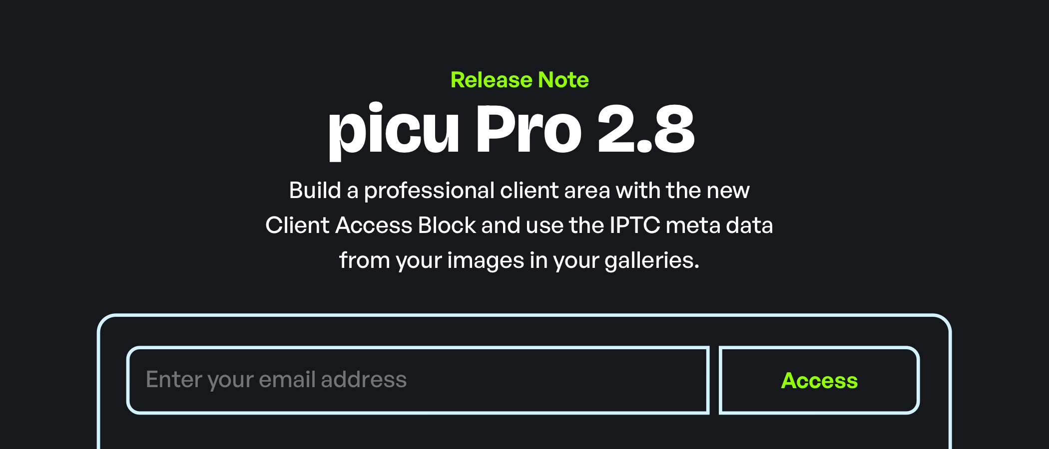 Graphic with a dark background and light text: "Release Note: picu Pro 2.8 – Build a professional client area with the new Client Access Block and use the IPTC meta data from your images in your galleries."